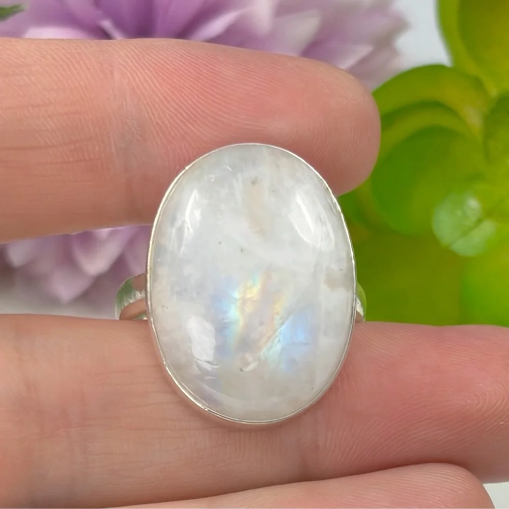 Pure Sterling Silver 925 Rainbow Moonstone Ring Size 9 Oval Boho Southwest New